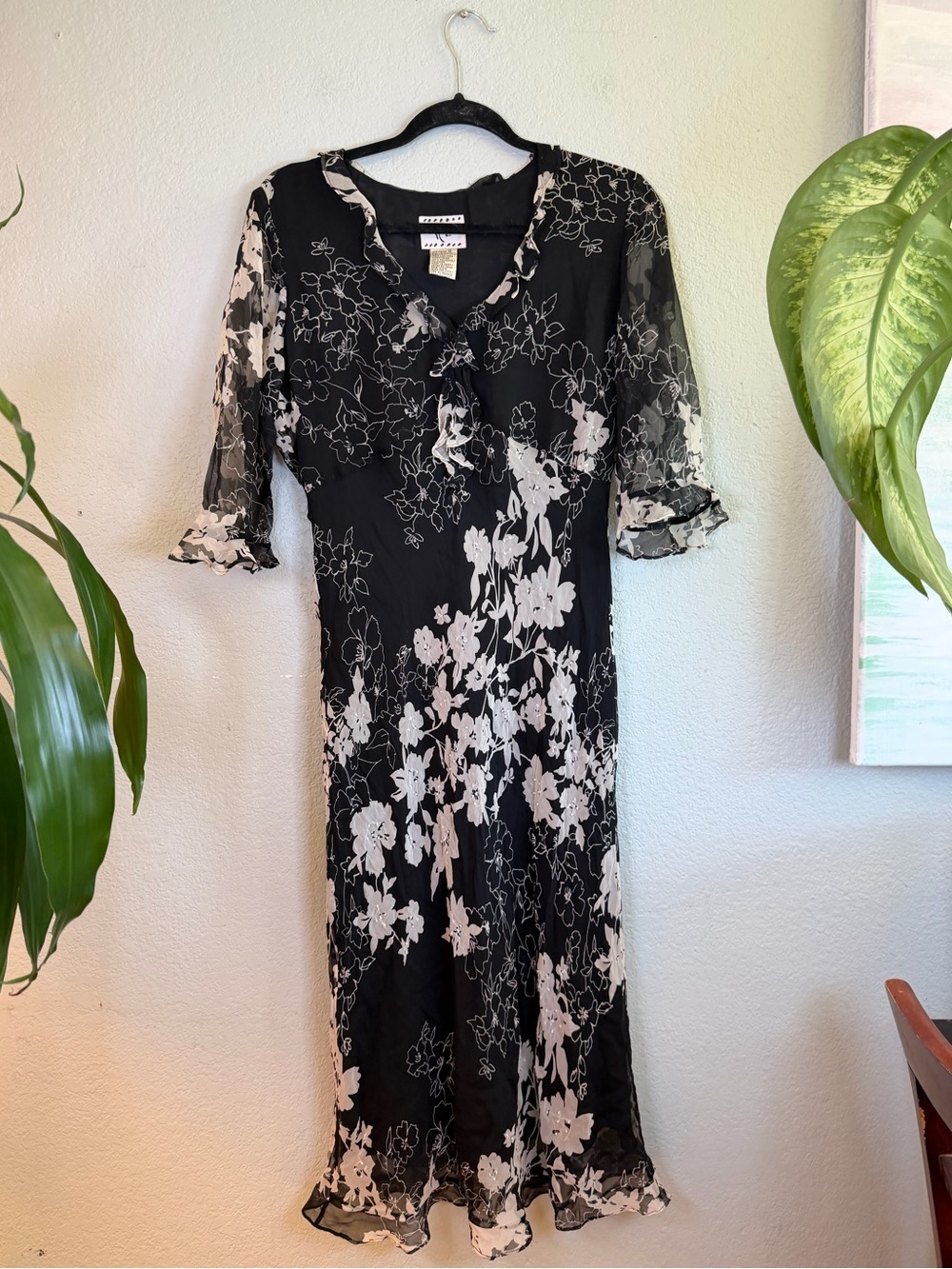 Ice Sheer Vintage Y2K Silk Black White Floral Beaded V Neck Ruffle Midi Dress 10